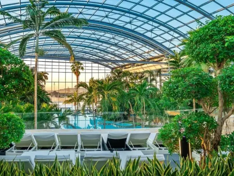 Therme Bucharest indoor palm trees and thermal pools