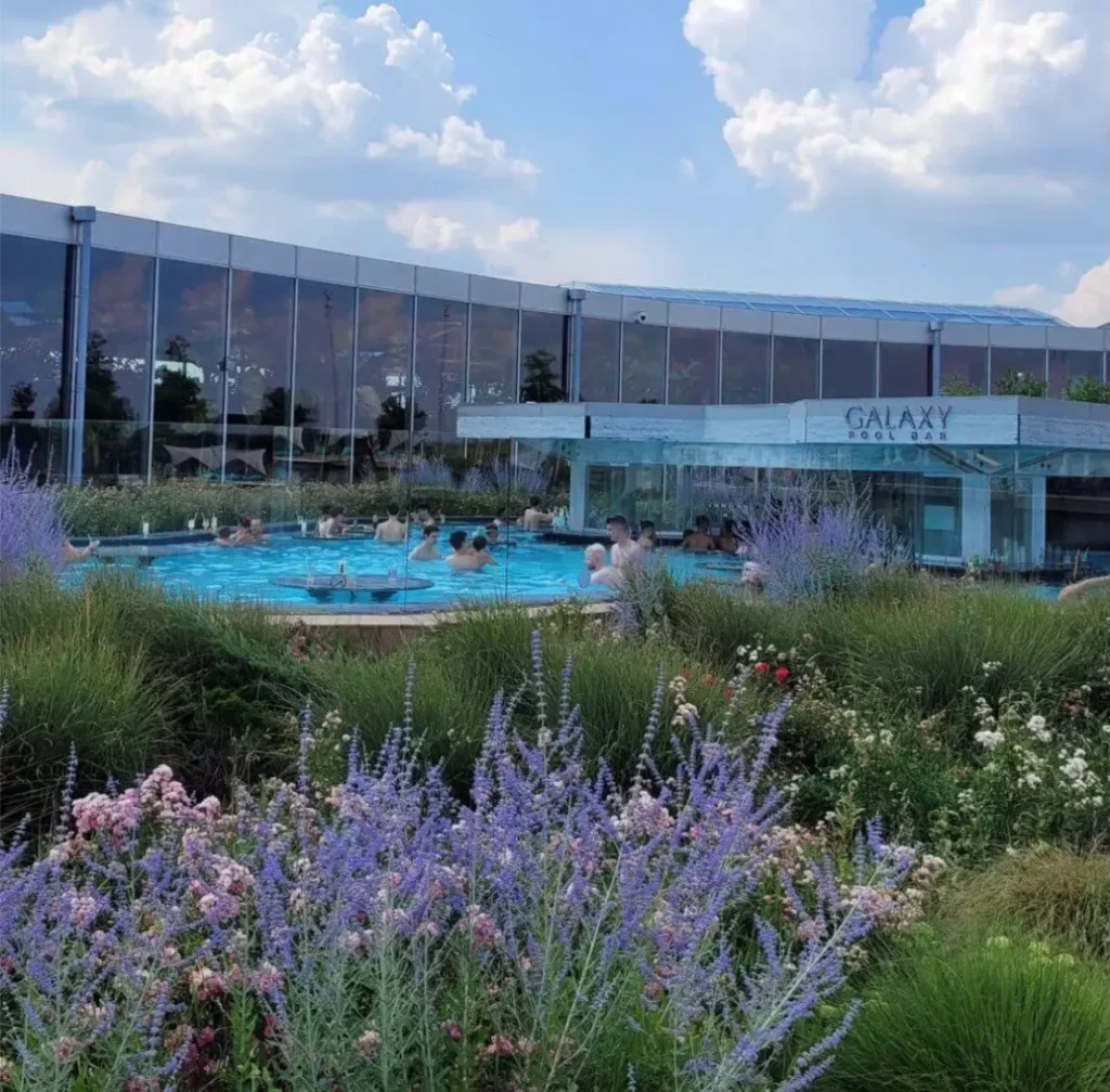 Therme Bucharest outdoor pool tropical setting