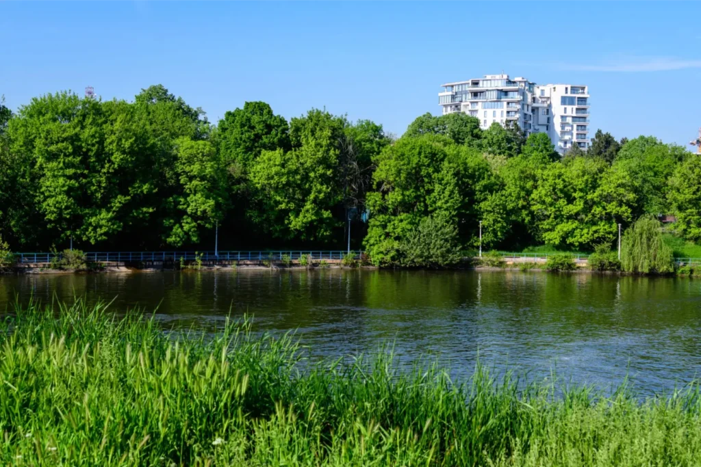 Herastrau Park Bucharest lake and skyline view